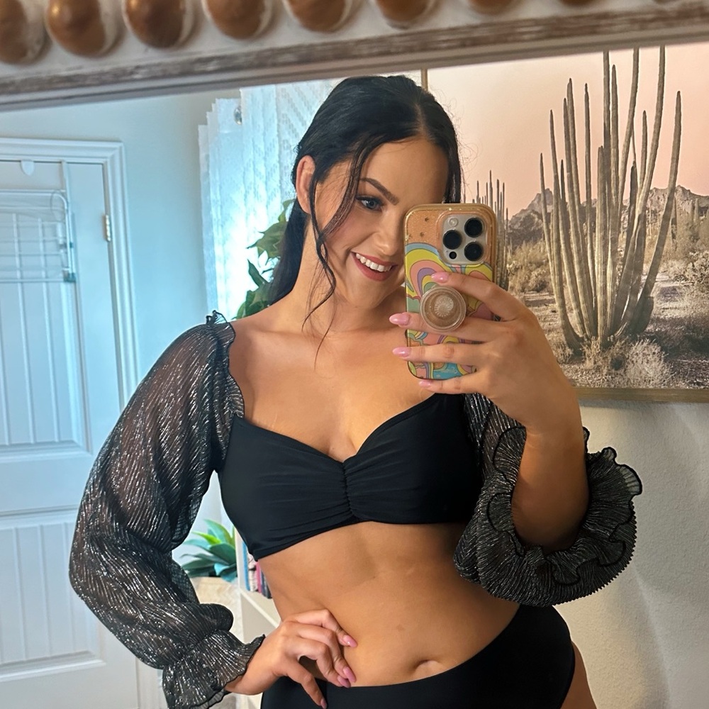 Black Bikini Top with Sheer Sleeves